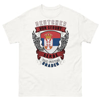 Thumbnail for T-shirt Deutsch von Geburt, Serbe von Gottes Gnaden blanc - slogan en allemand affichant double origine