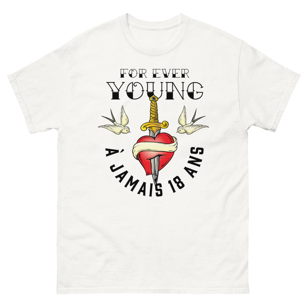 T-shirt À jamais 18 ans blanc - For Ever Young, clin d'œil irrévérencieux