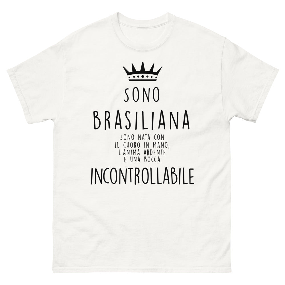 T-Shirt Brasile bianca fronte - cuore in mano e bocca incontrollabile