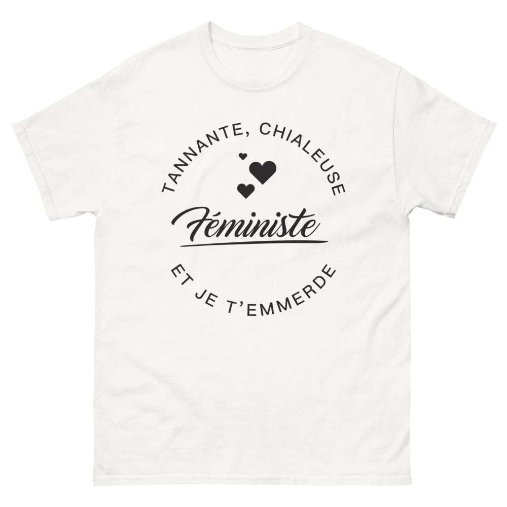T-shirt féministe clair blanc - Tannante, chialeuse, féministe et je t'emmerde