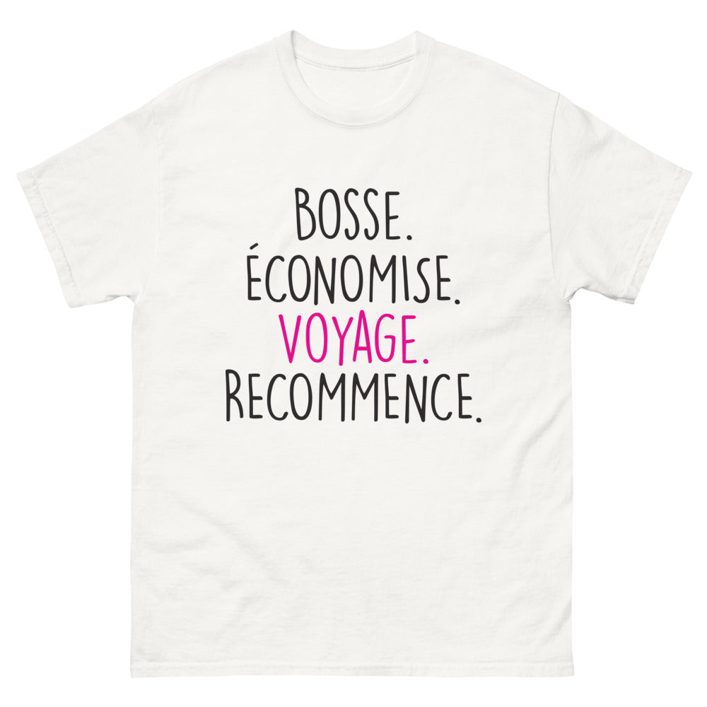 T-shirt Voyageur blanc - Bosse, Économise, Voyage, Recommence