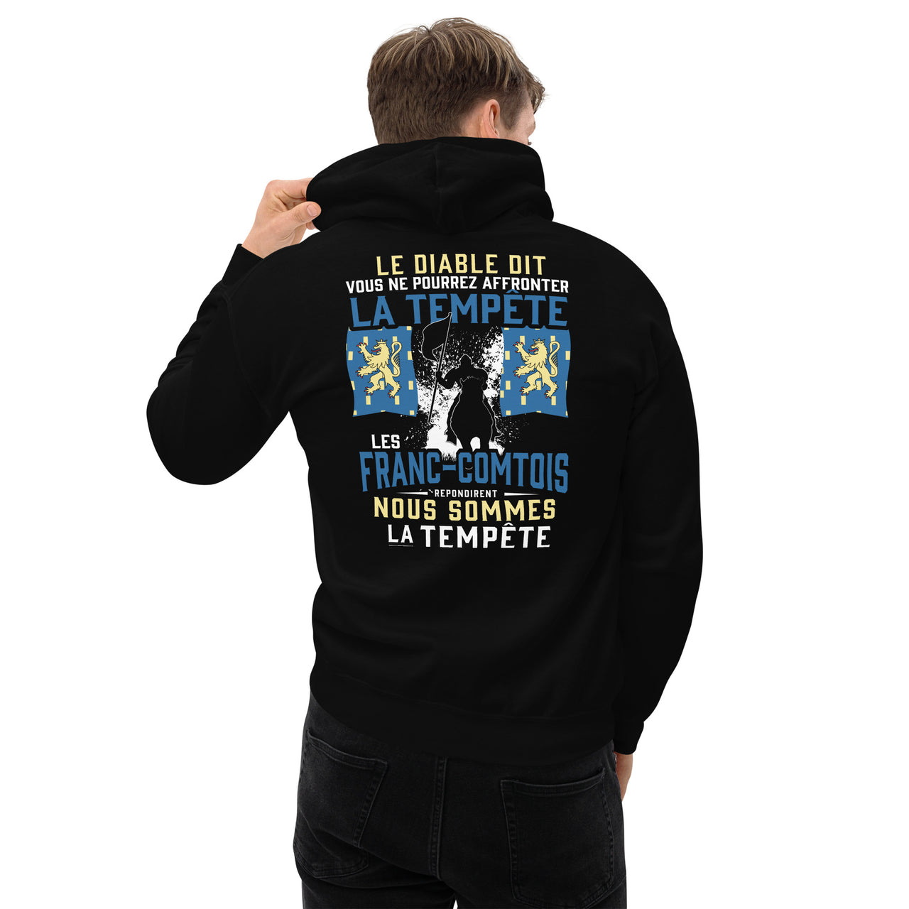 Sweat à capuche Francs-Comtois bleu marine dos - La tempête et le diable