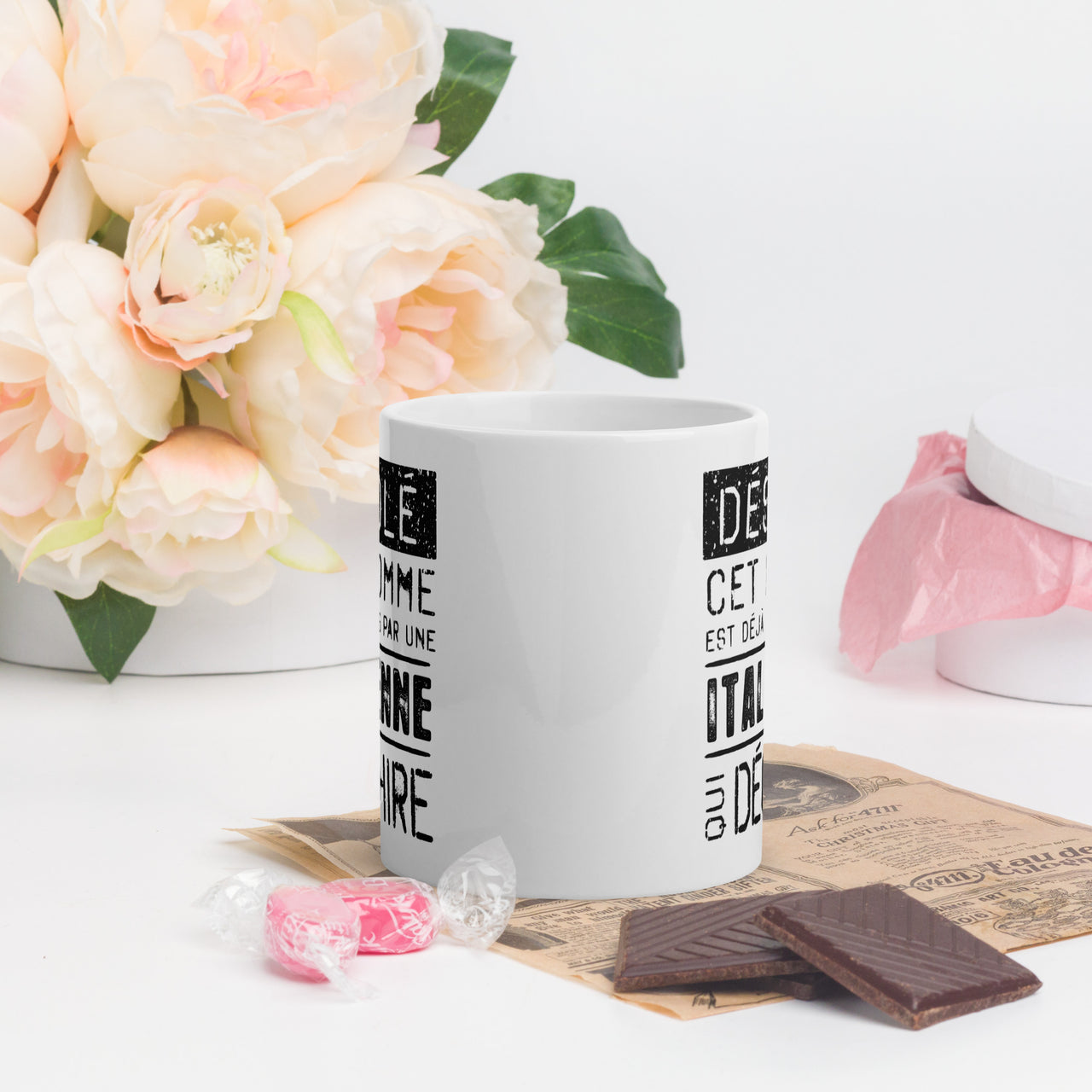 Mug Blanc Brillant Cadeau Saint Valentin : Désolé ce mec est pris par une Italienne