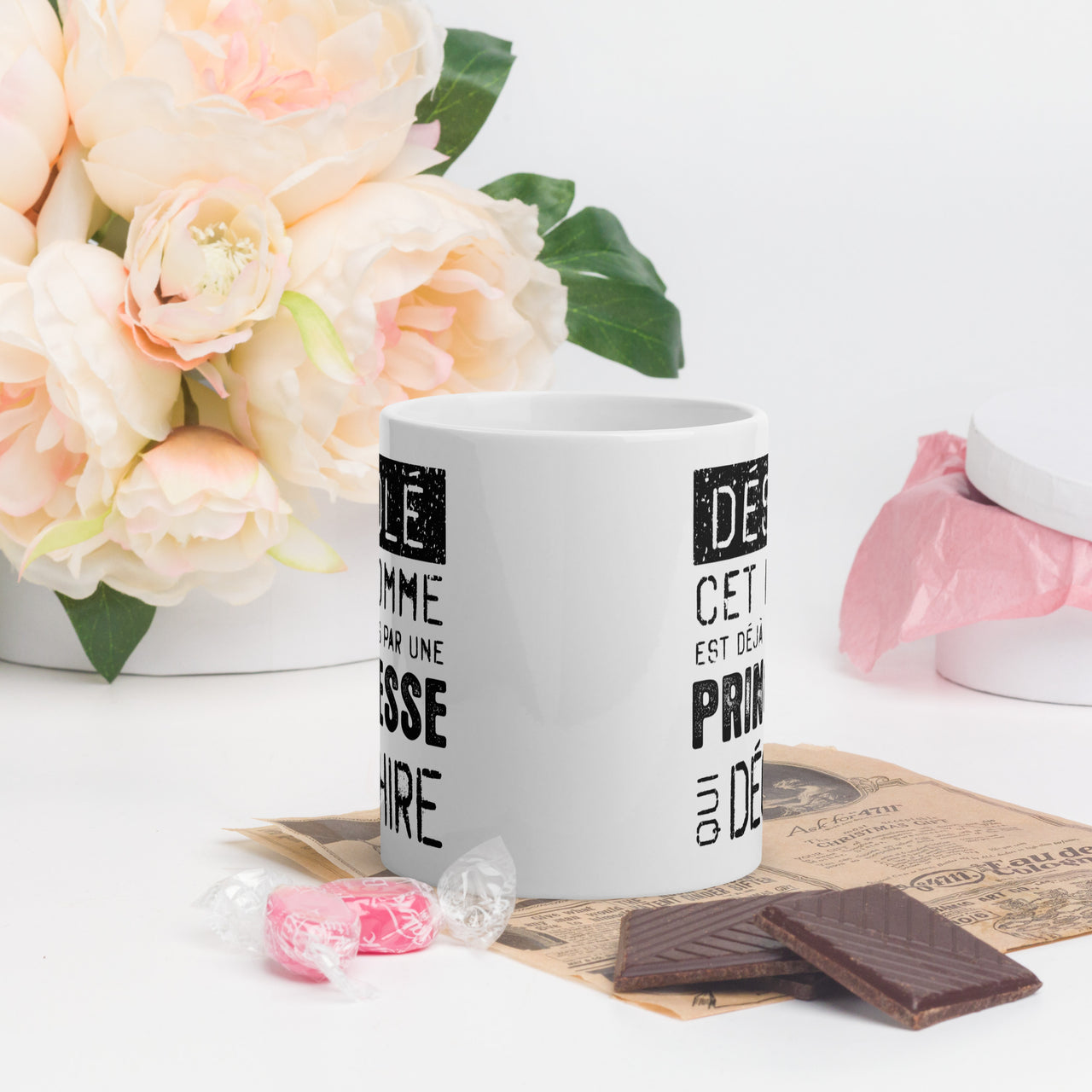 Mug Saint-Valentin blanc brillant - Désolé ce mec est pris par une Princesse