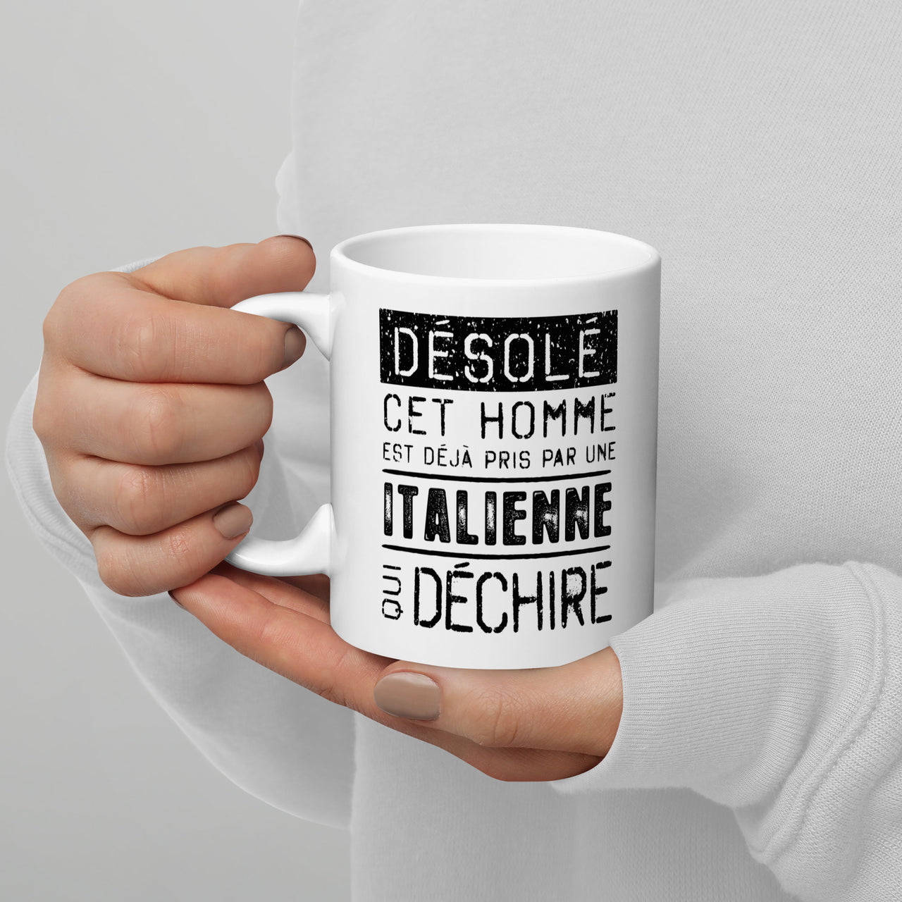 Mug Blanc Brillant Cadeau Saint Valentin : Désolé ce mec est pris par une Italienne