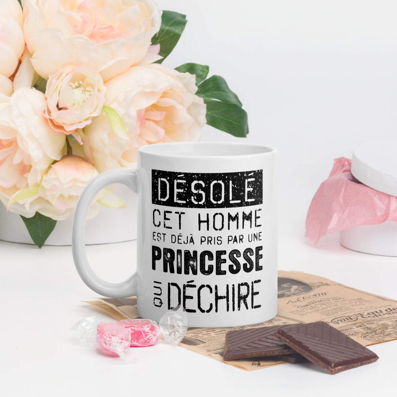 Mug Saint-Valentin blanc brillant - Désolé ce mec est pris par une Princesse