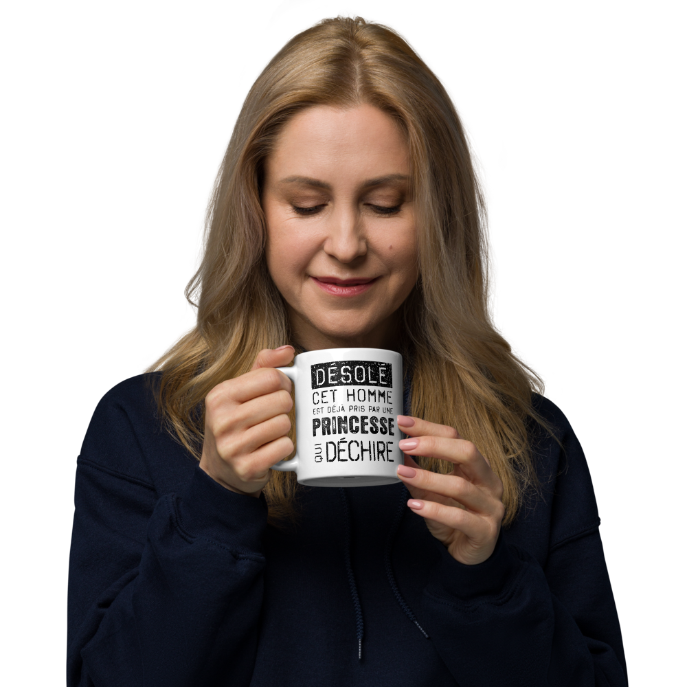 Mug Blanc Brillant Cadeau Saint Valentin pour homme : Désolé ce mec est pris par une Princesse