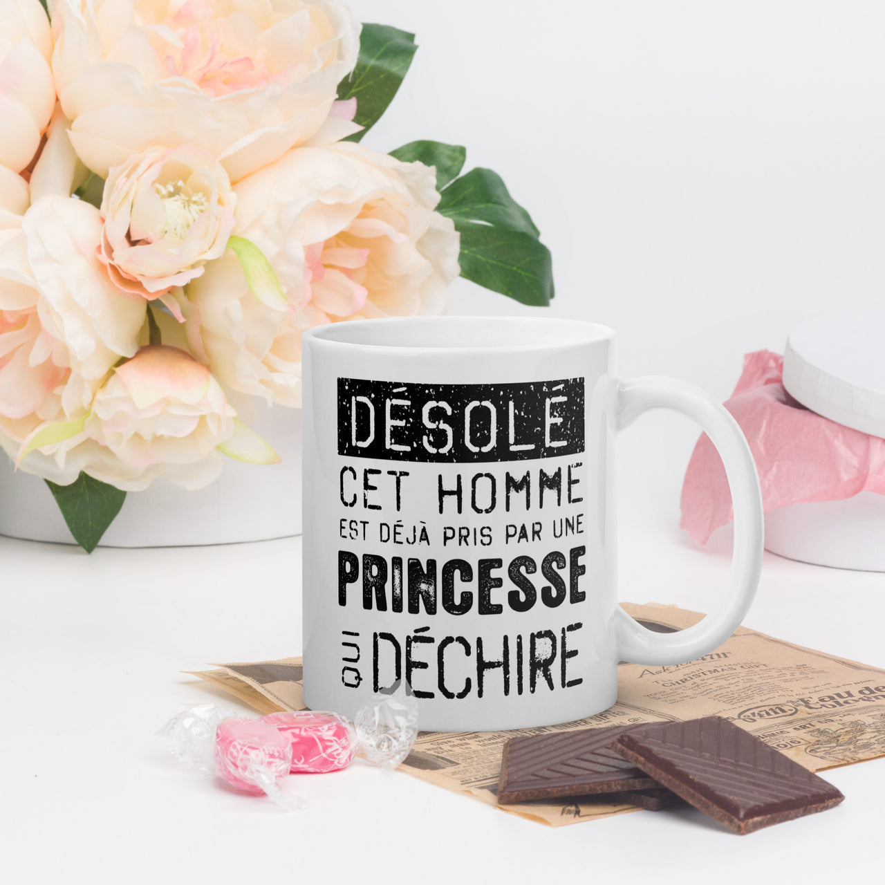 Mug Saint-Valentin blanc brillant - Désolé ce mec est pris par une Princesse