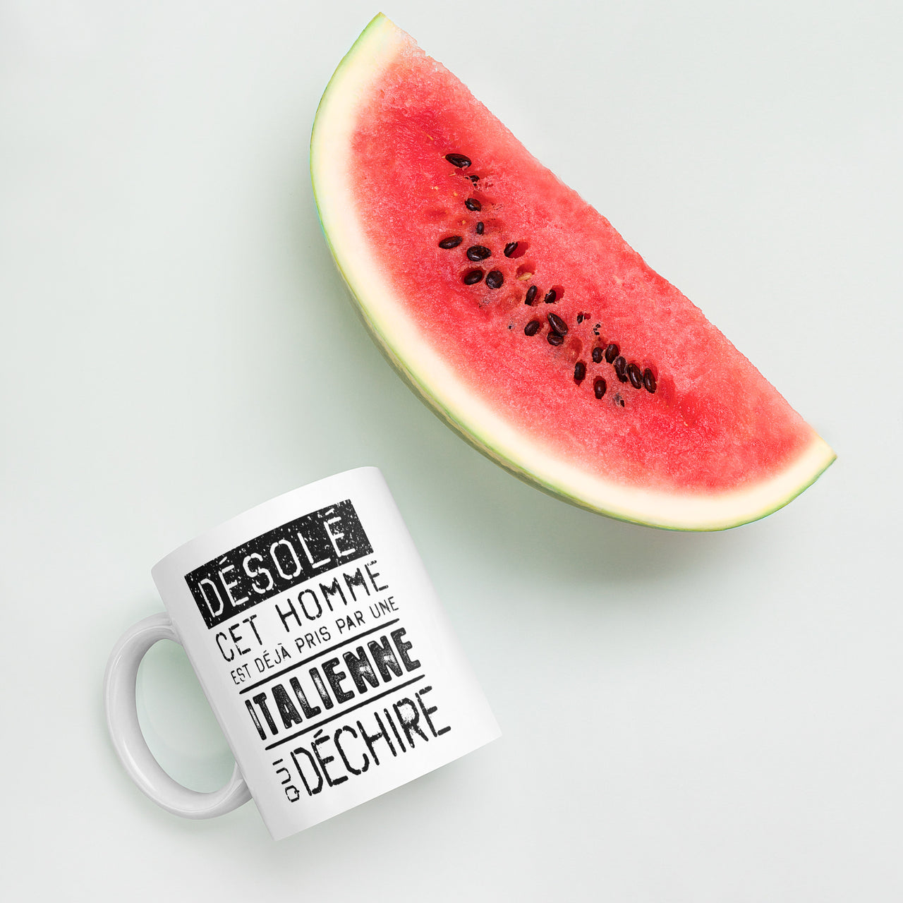 Mug Saint Valentin blanc brillant - Désolé ce mec est pris par une Italienne
