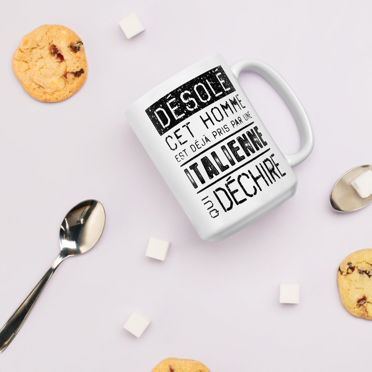 Mug Saint Valentin blanc brillant - Désolé ce mec est pris par une Italienne