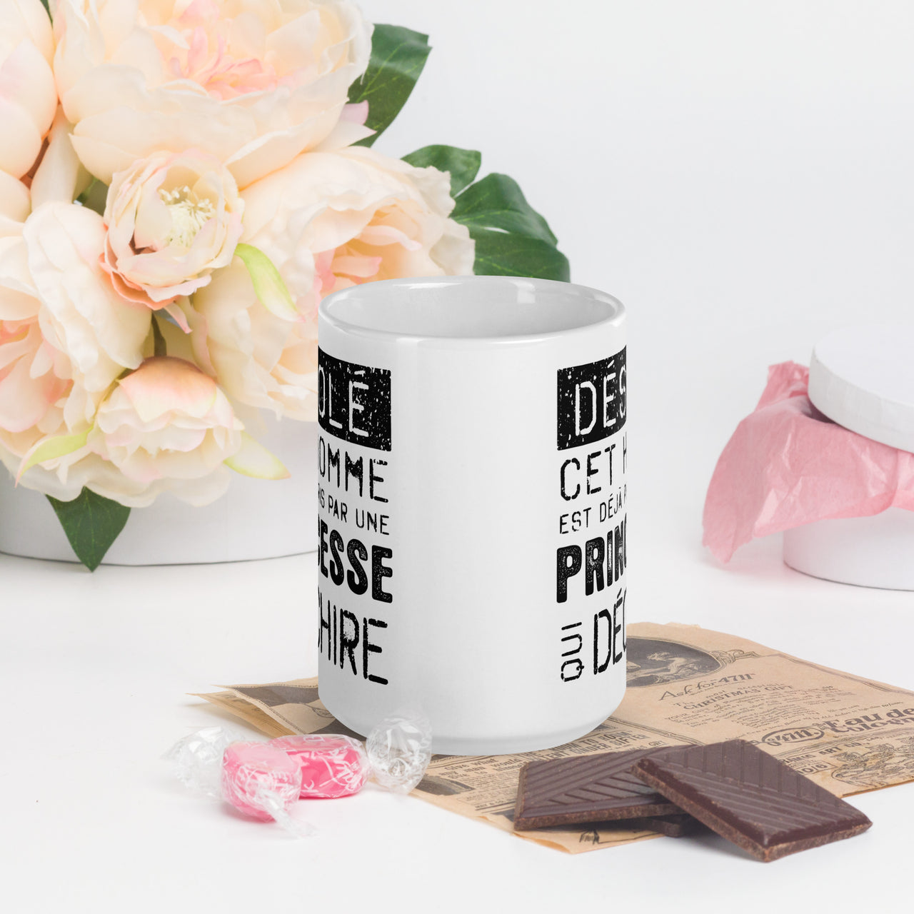 Mug Saint-Valentin blanc brillant - Désolé ce mec est pris par une Princesse