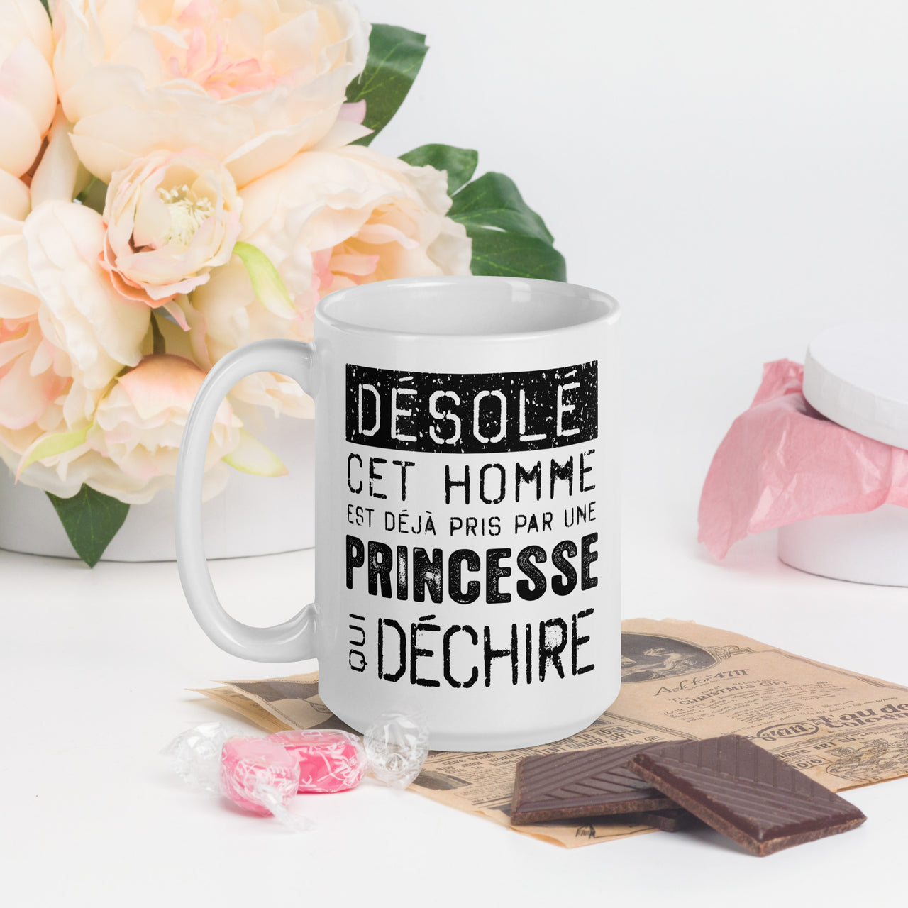 Mug Saint-Valentin blanc brillant - Désolé ce mec est pris par une Princesse