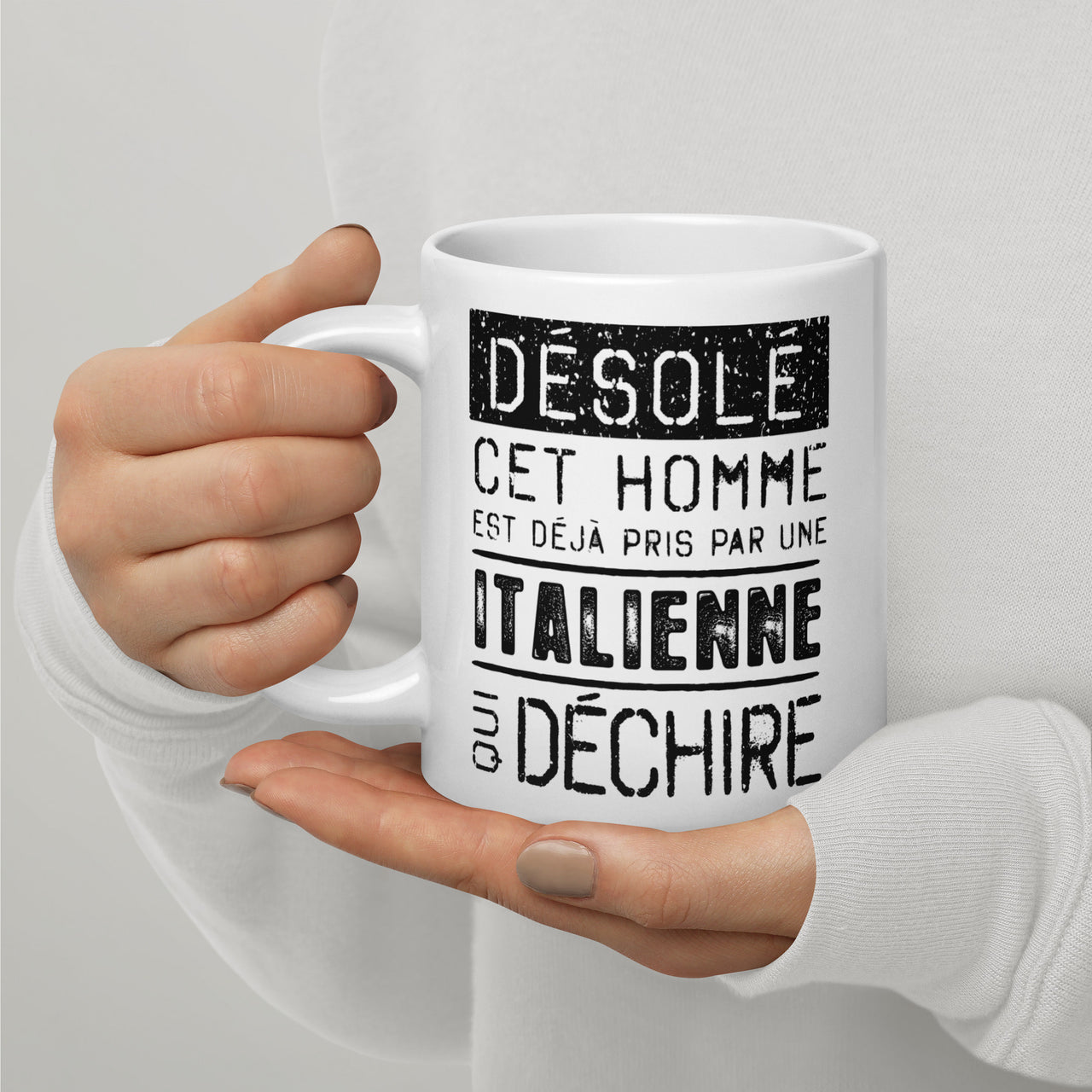 Mug Blanc Brillant Cadeau Saint Valentin : Désolé ce mec est pris par une Italienne