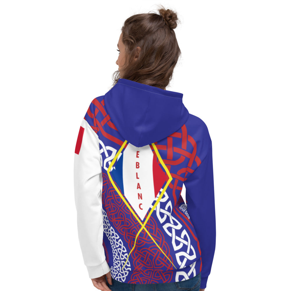 Sweat à capuche Acadien bleu face - Design drapeau tricolore étoilé