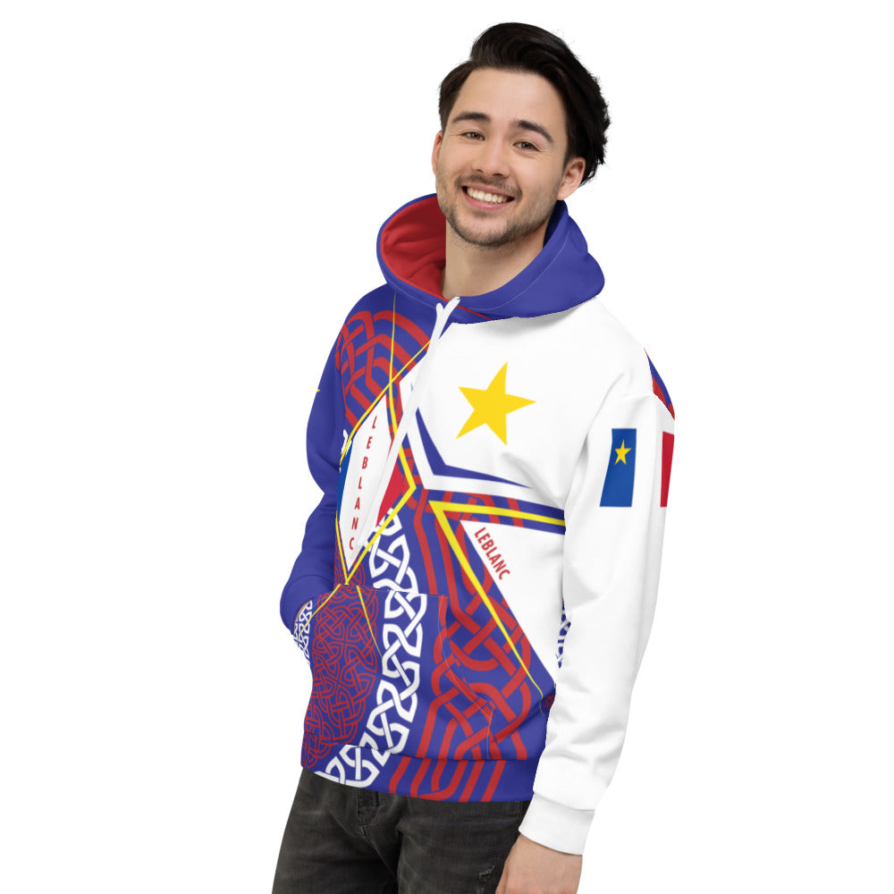 Sweat à capuche Acadien rouge dos - Design drapeau tricolore étoilé