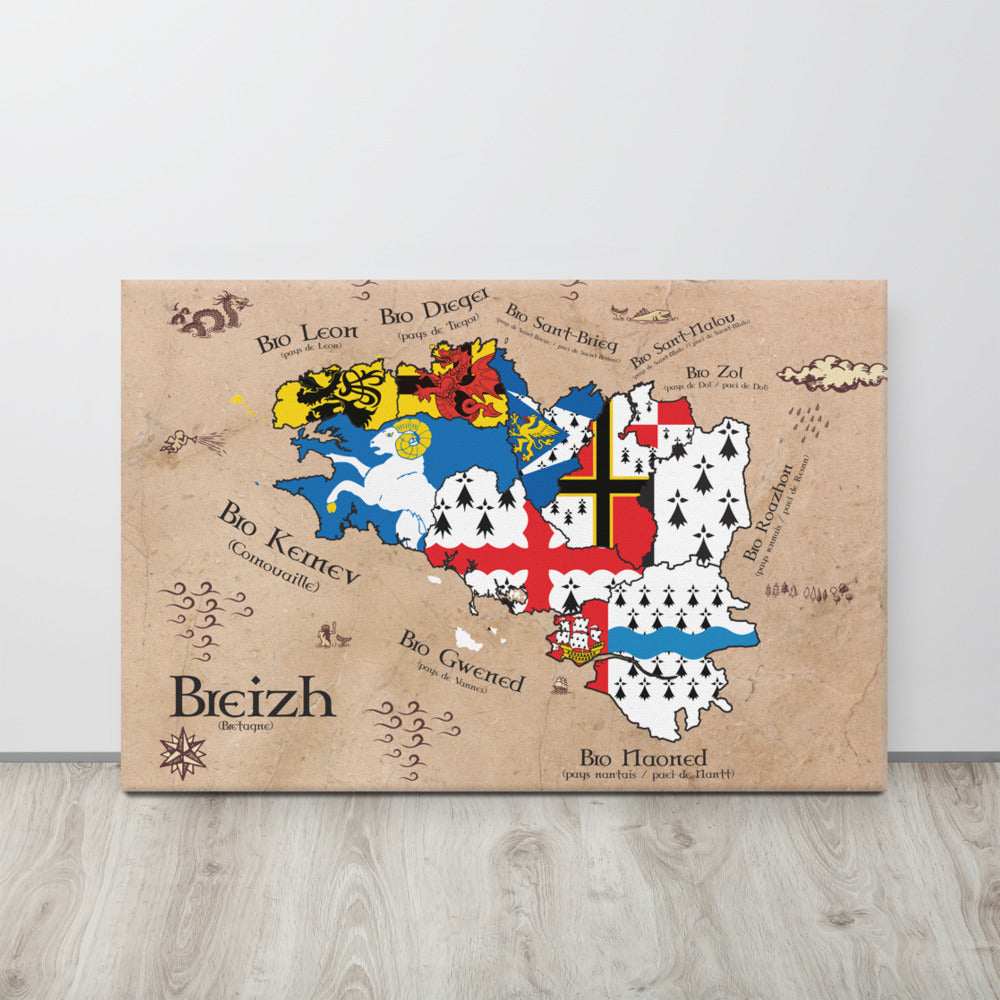 Toile décorative Bretagne - Carte des pays bretons avec drapeaux