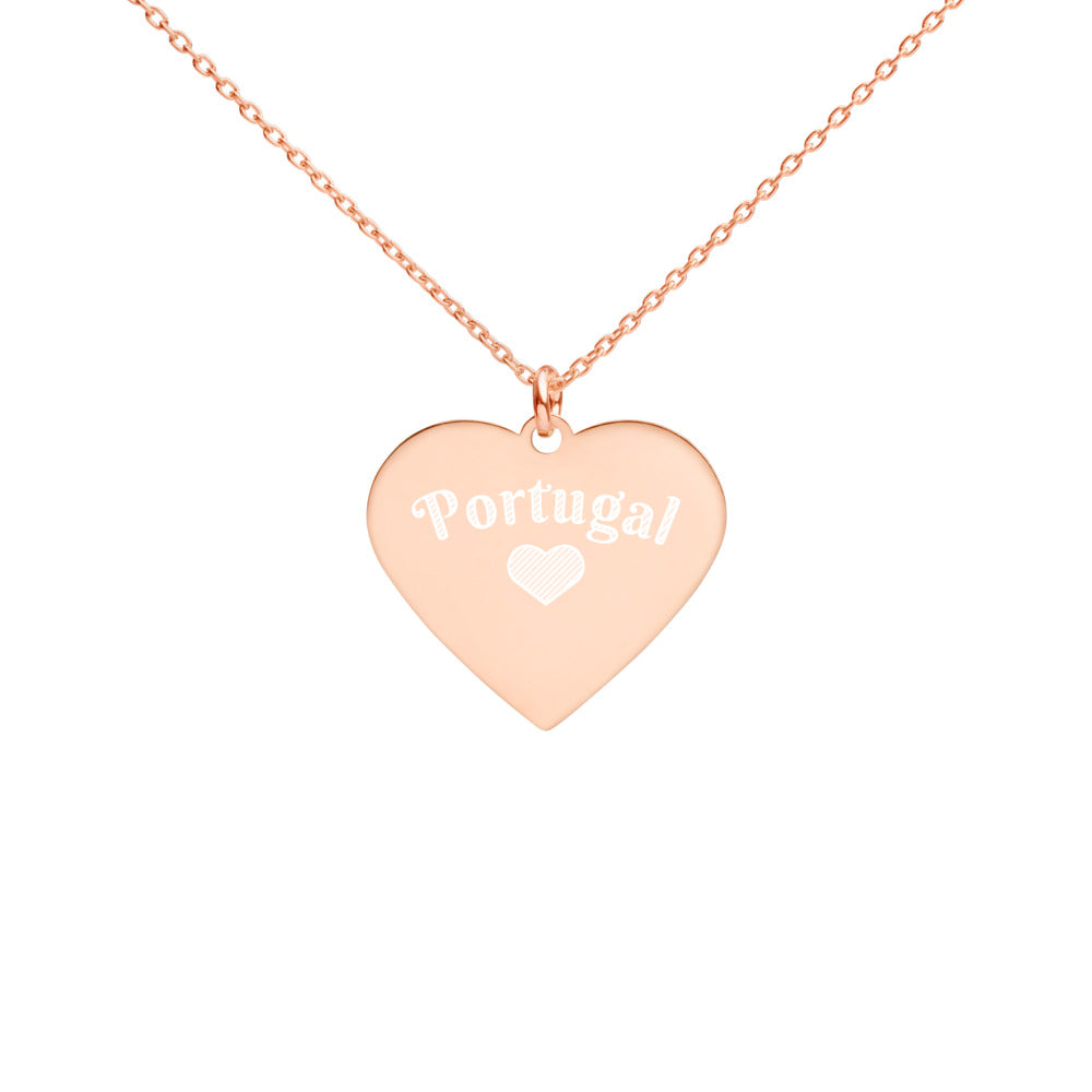 Collier Coeur - Portugal en argent sterling gravé avec coeur gravé - Ici & Là - T-shirts & Souvenirs de chez toi