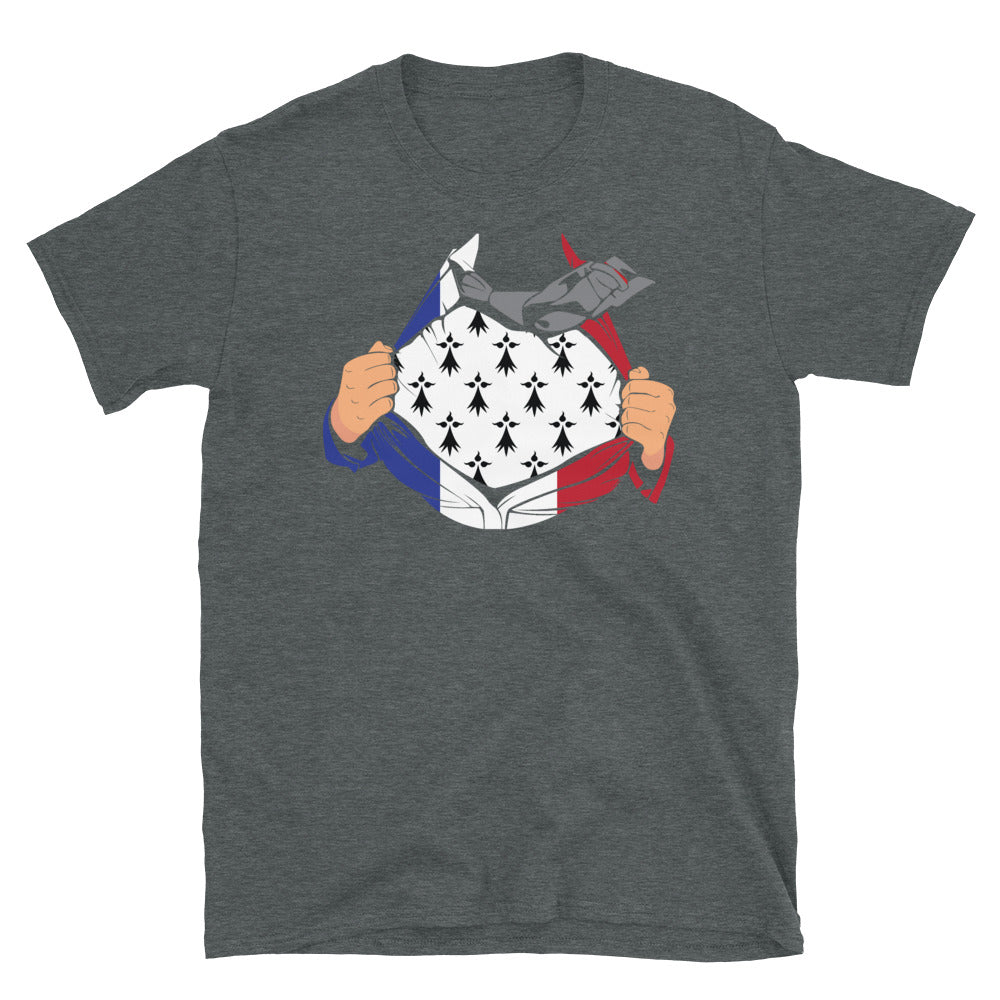 T-shirt Bretagne gris foncé chiné dos - Super héros breton avec humour