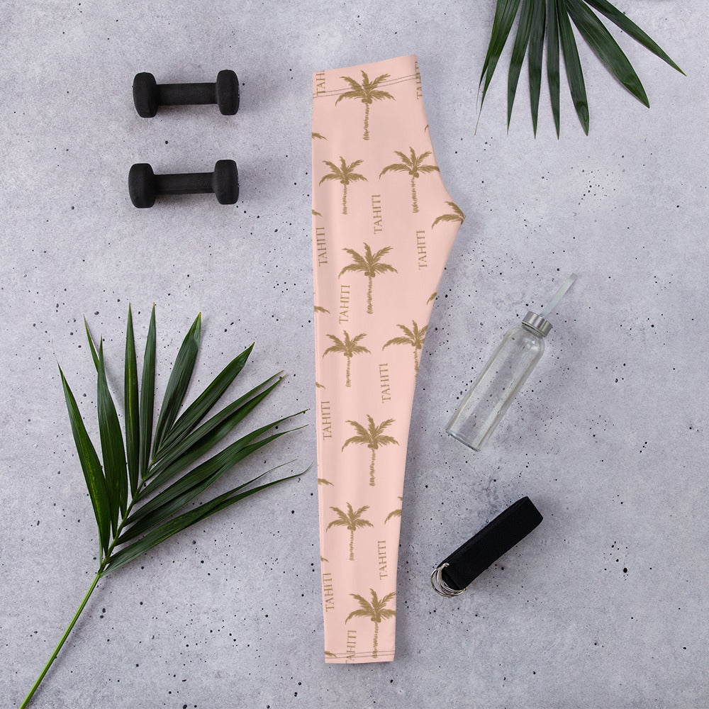 Leggings Tahiti jaune doré sur rose vieilli - motif cocotiers
