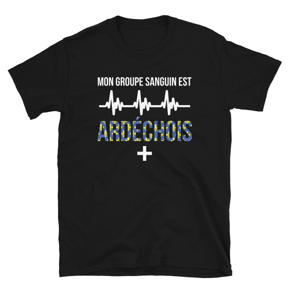 T-shirt Ardéchois noir - Groupe sanguin humoristique
