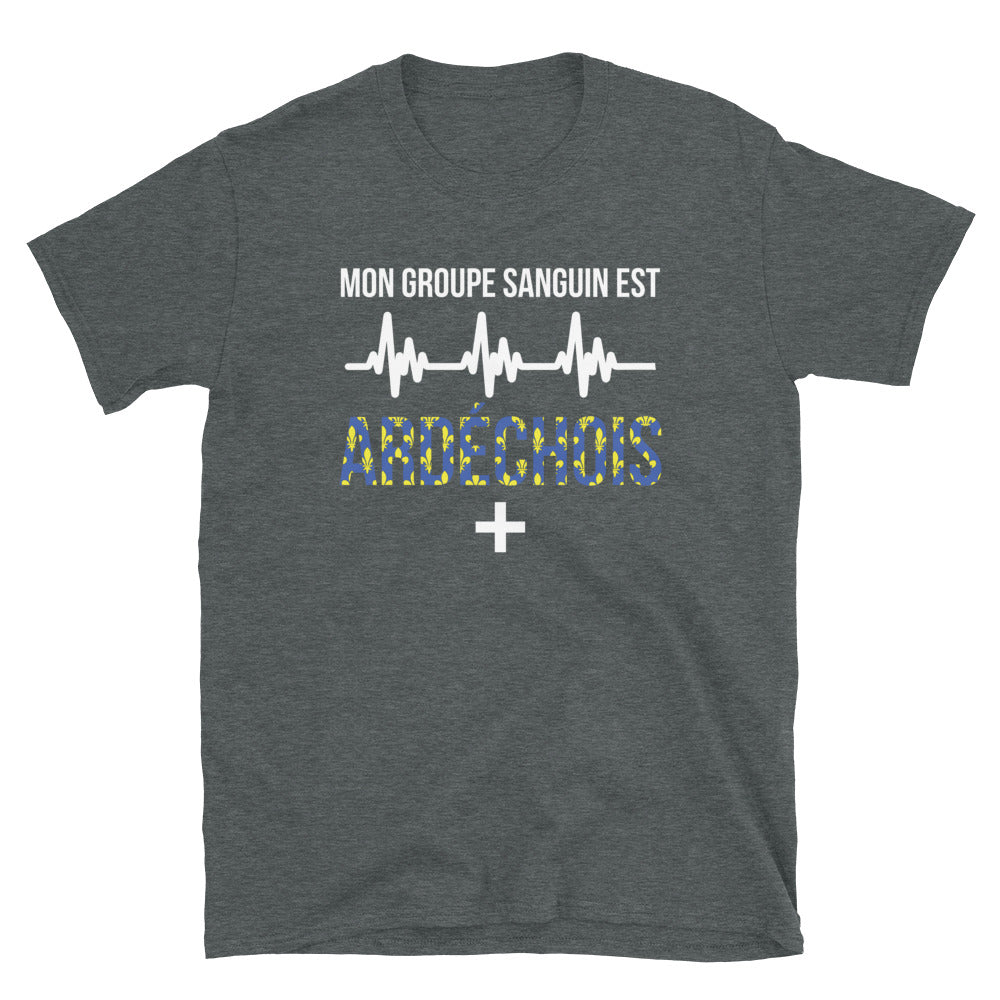 T-shirt Ardéchois gris foncé chiné - Mon groupe sanguin est Ardéchois Plus +