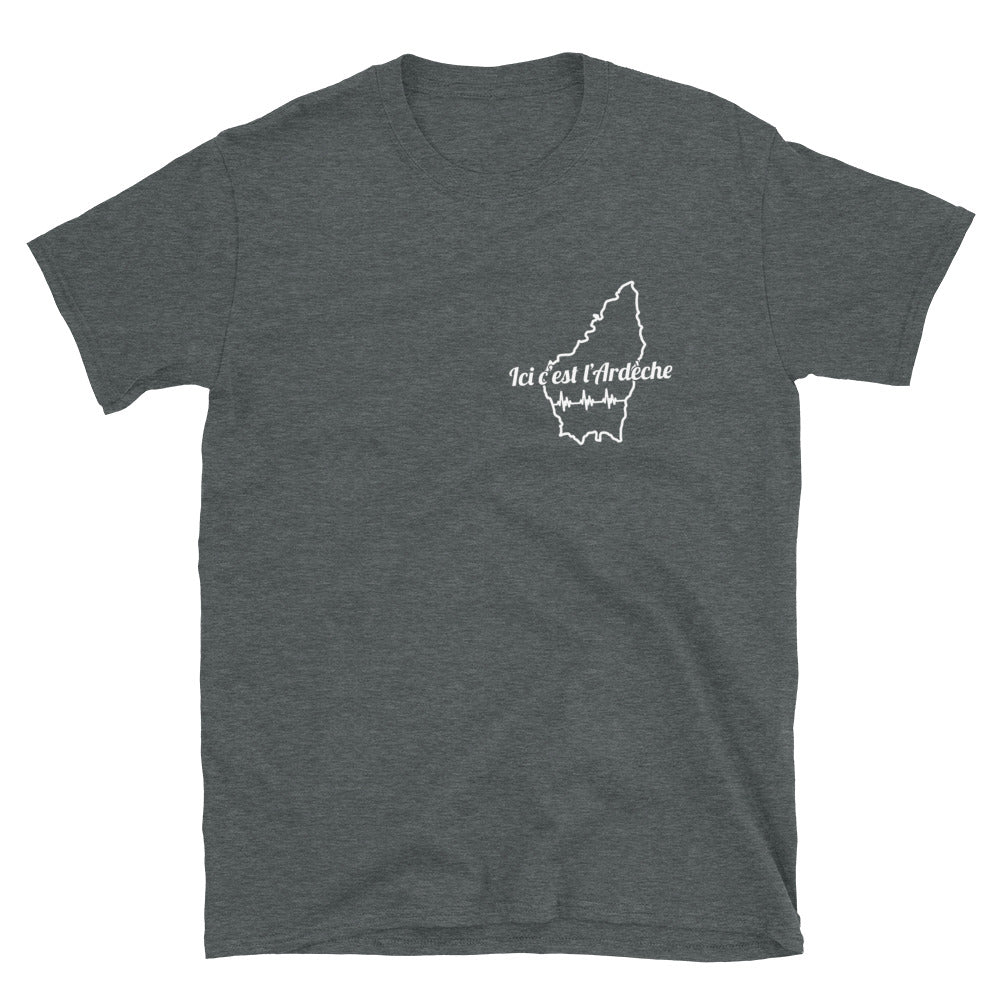 T-shirt Ardèche gris foncé chiné dos - L'Ardèche imprimée sur le coeur
