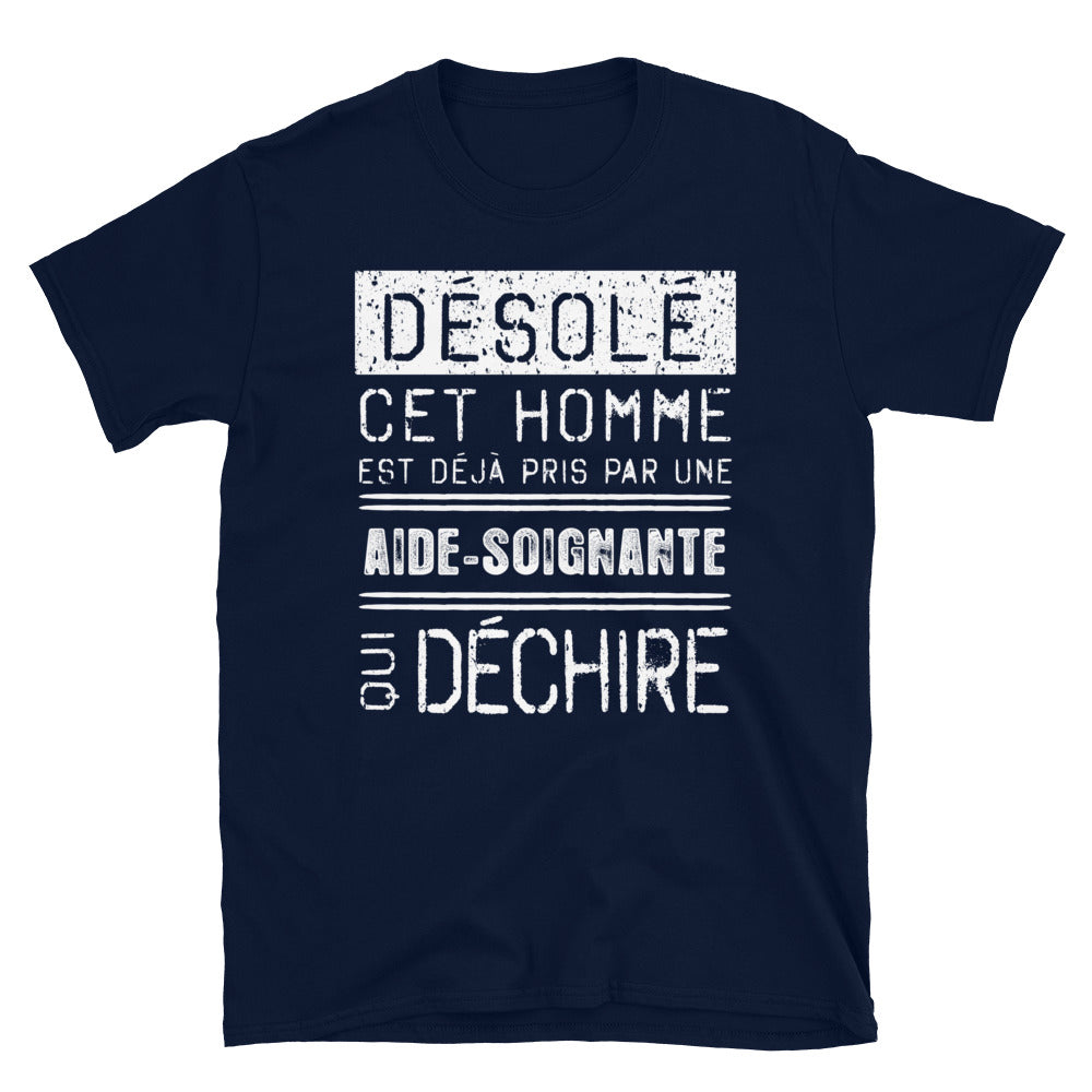 T-shirt humour Aide-soignante bleu marine dos - Mec pris par une Aide-soignante Désolé