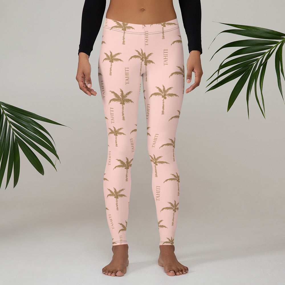 Leggings Tahiti jaune doré sur rose vieilli - motif cocotiers