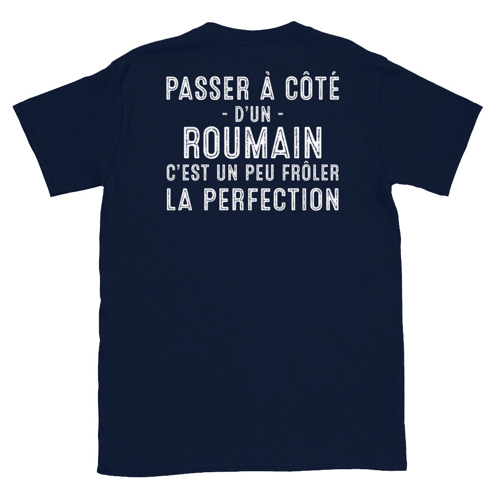 T-shirt Roumain bleu marine dos - Frôler la perfection avec humour