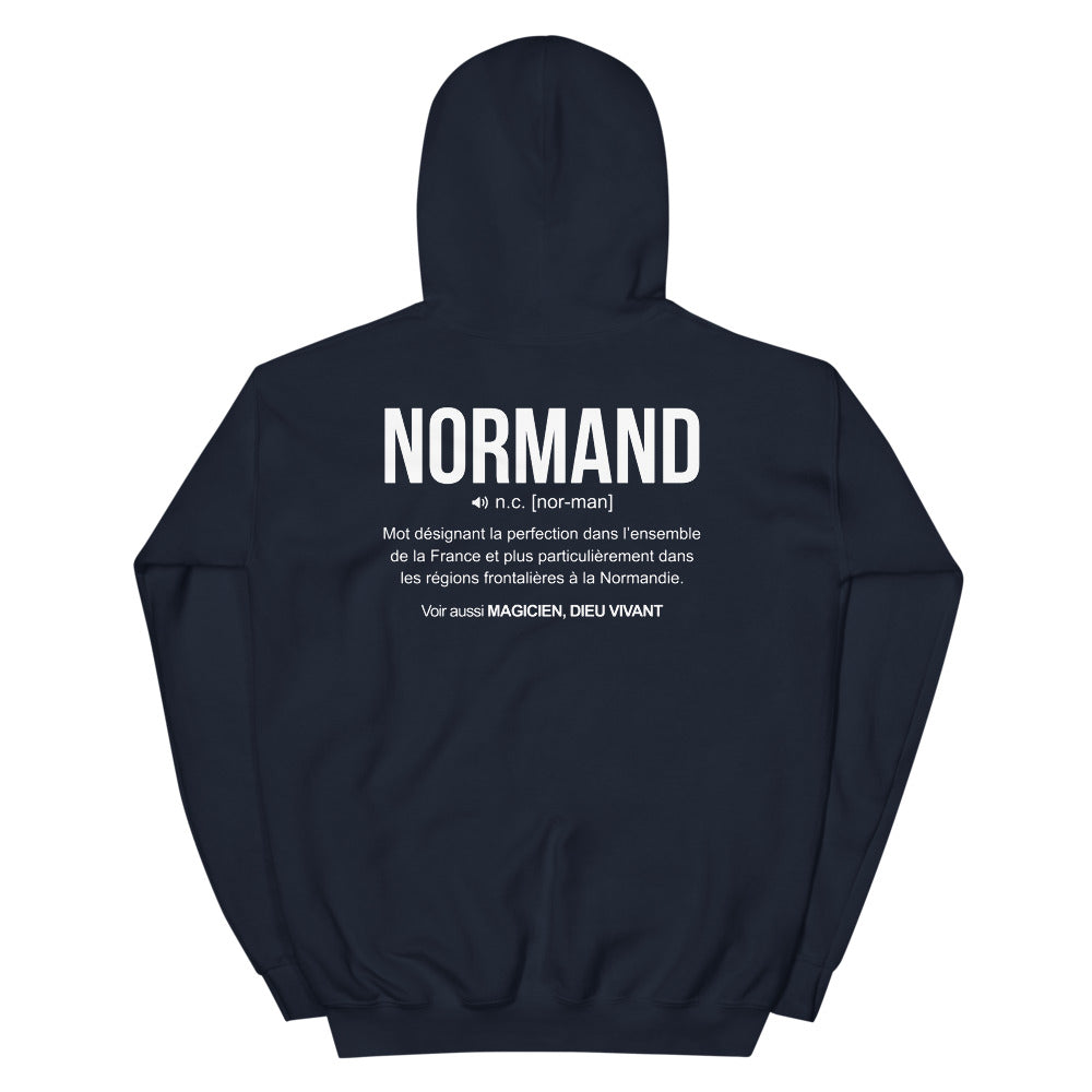 Sweat à capuche Normand noir dos - Définition humoristique