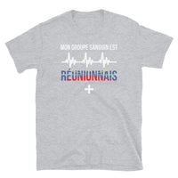 Thumbnail for T-shirt Réunion gris foncé chiné dos - design groupe sanguin humoristique
