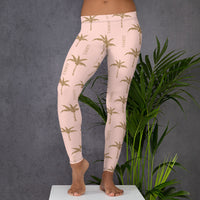 Thumbnail for Leggings Tahiti jaune doré sur rose vieilli - motif cocotiers