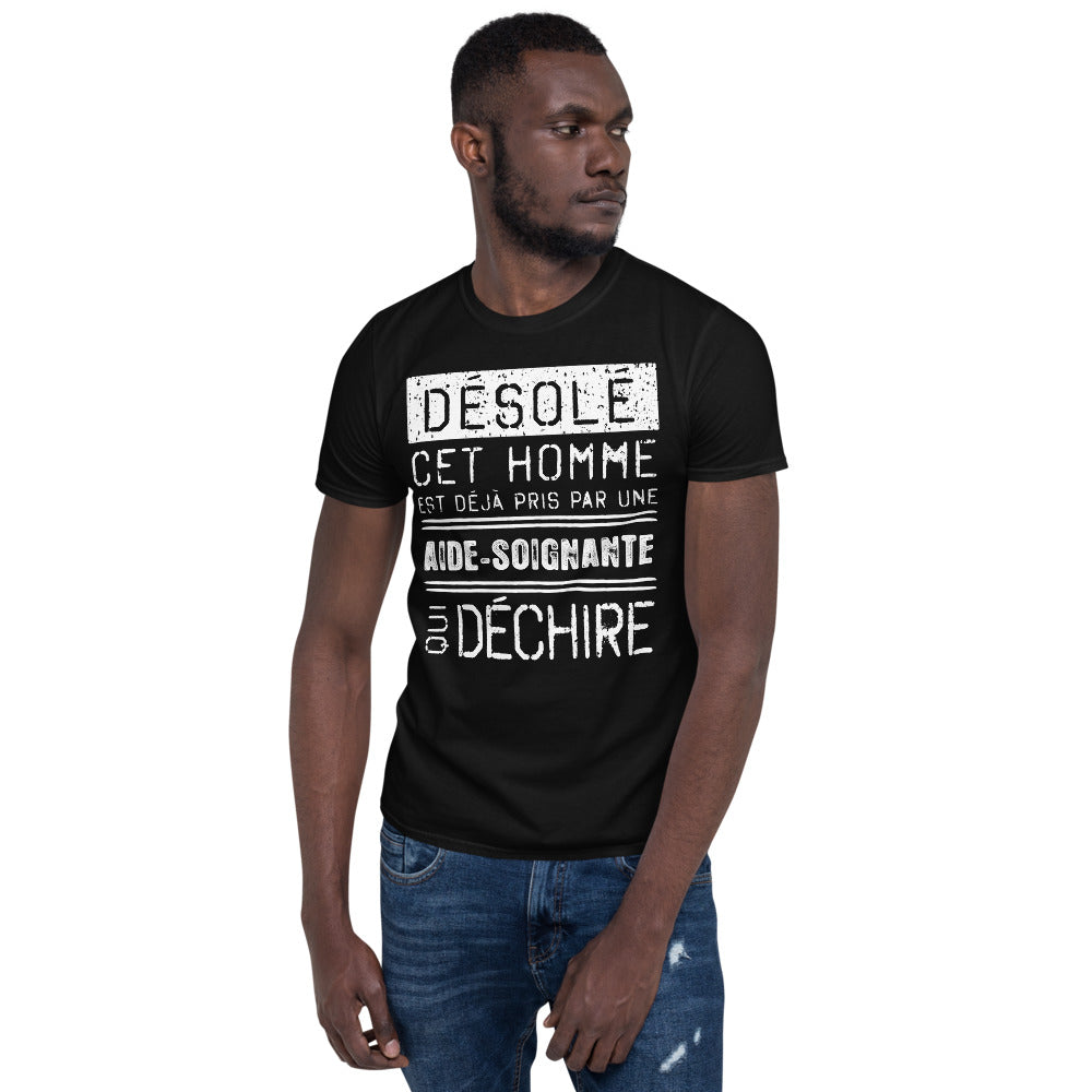 T-shirt humour Aide-soignante noir dos - Mec pris par une Aide-soignante Désolé
