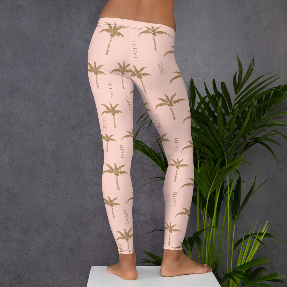 Leggings Tahiti jaune doré sur rose vieilli - motif cocotiers