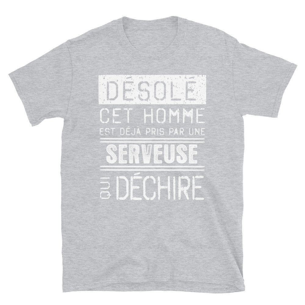 T-shirt humour bleu marine dos - Désolé ce mec est pris par une fille qui déchire