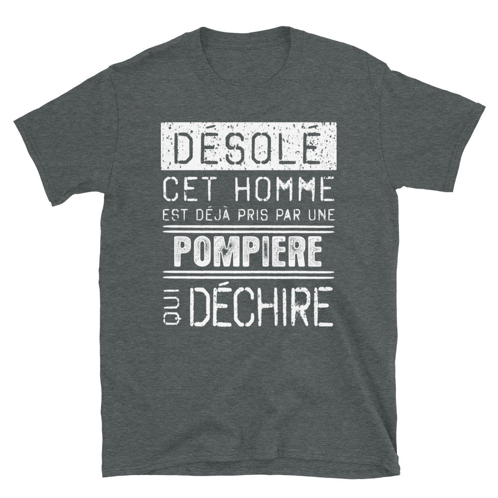 T-shirt humour bleu marine - Désolé ce mec est pris par une fille qui déchire