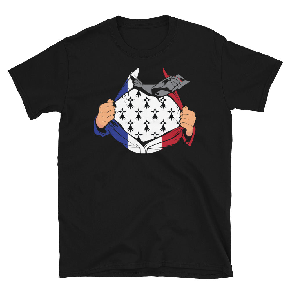 T-shirt Bretagne noir - Super héros breton avec humour