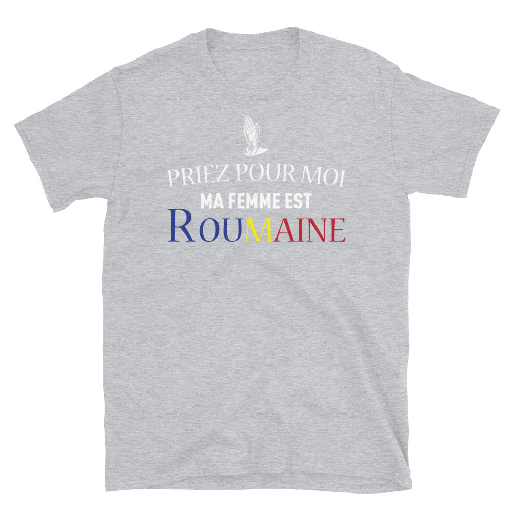 T-shirt Roumain gris foncé dos - Priez pour moi ma femme est Roumaine