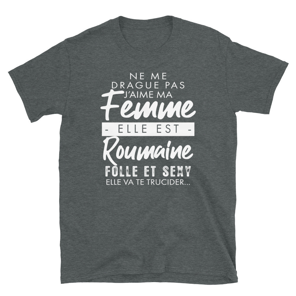 T-shirt Roumain gris foncé chiné face - Ne me drague pas