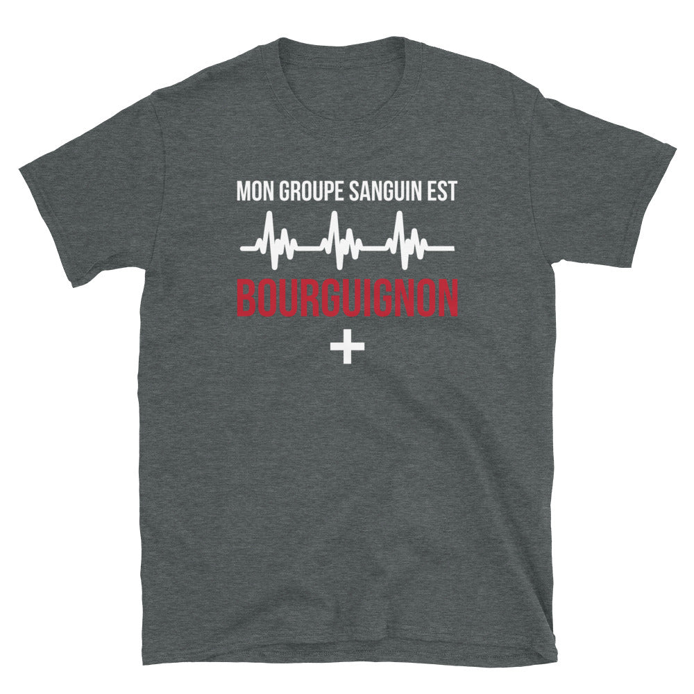 T-shirt Bourgogne bleu marine dos - Mon groupe sanguin est Bourguignon Plus +
