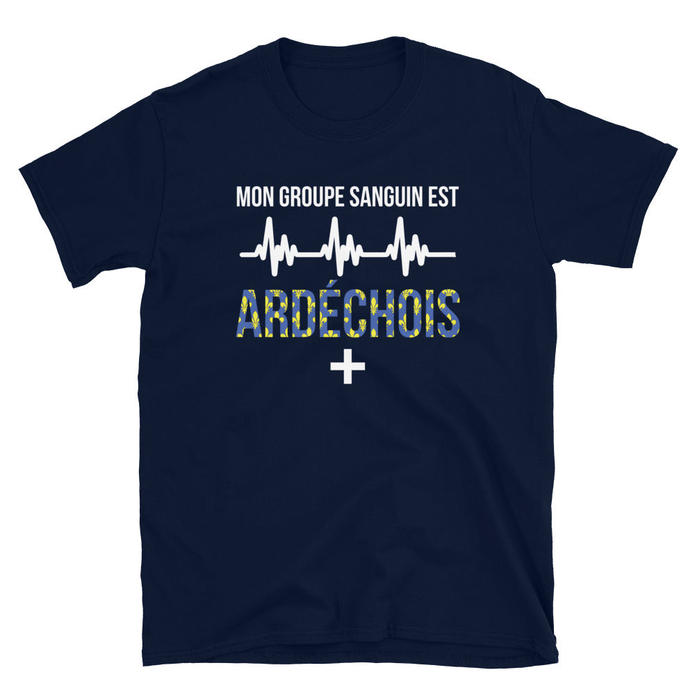 T-shirt Ardéchois bleu marine dos - Mon groupe sanguin est Ardéchois Plus +
