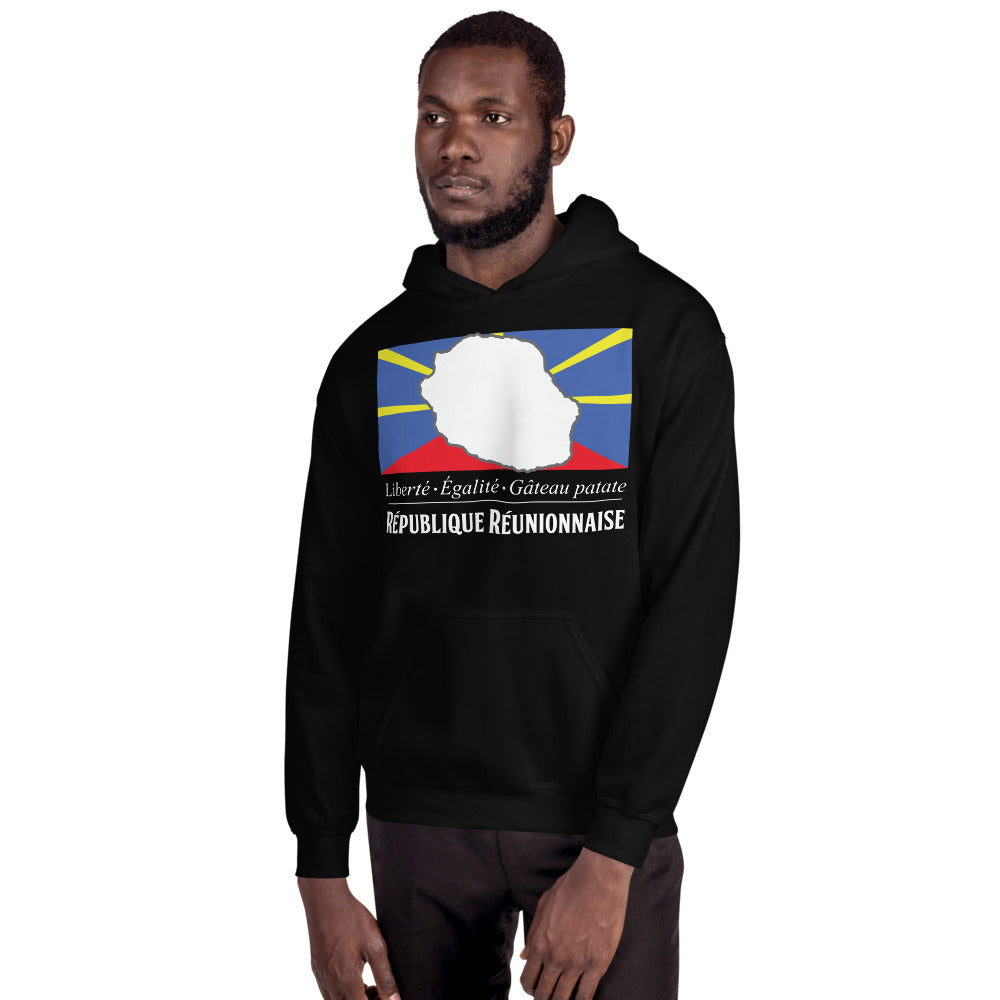 Sweat à capuche Réunion noir dos - Gâteau patate humoristique