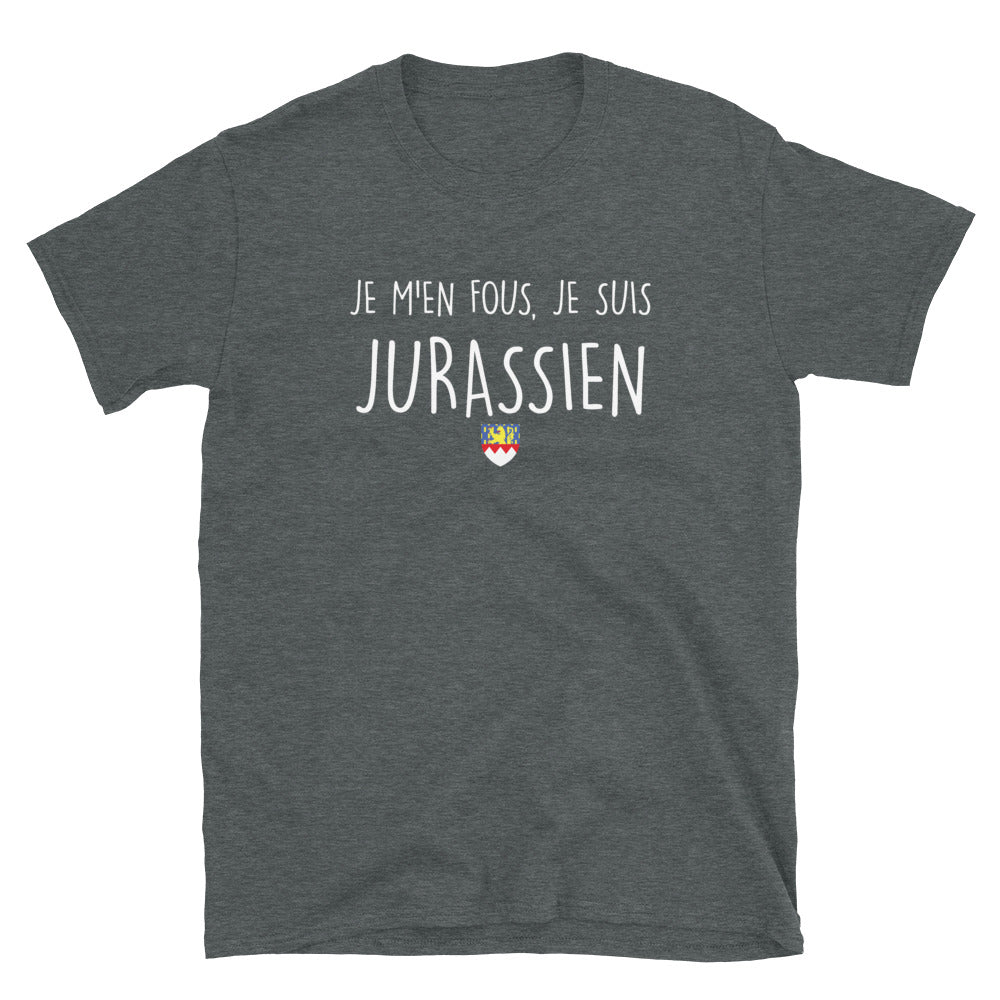 T-shirt Jurassien gris foncé chiné - Je m'en fous je suis Jurassien face