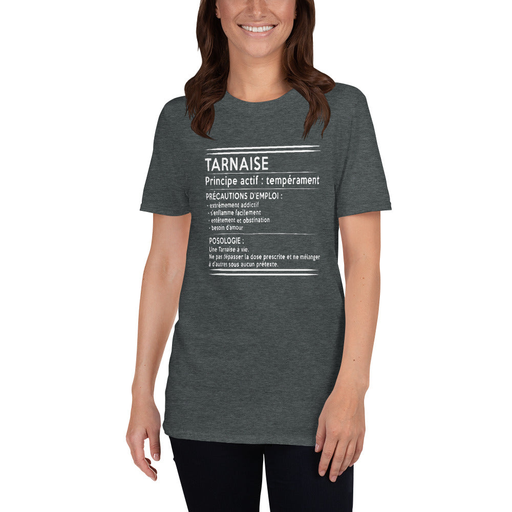 T-shirt Tarnaise bleu marine dos - texte humoristique sur la posologie