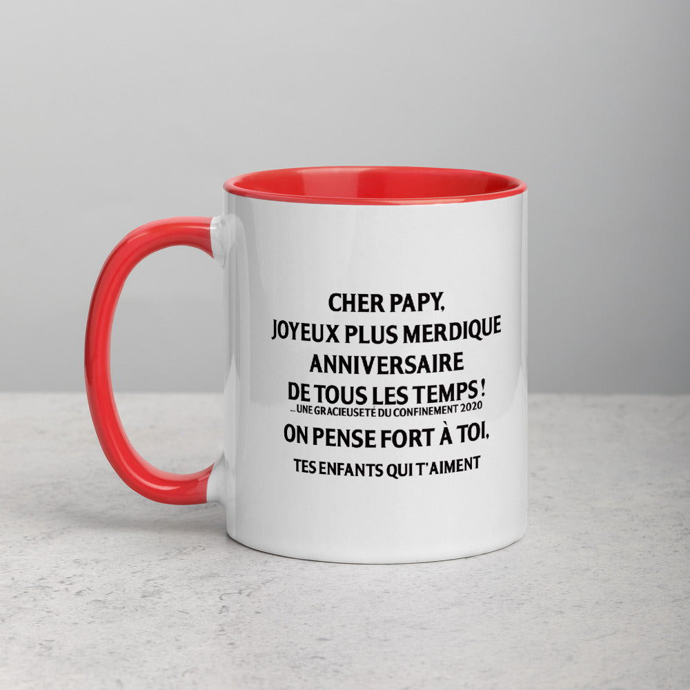 Mug anniversaire jaune dos - Papy Joyeux plus merdique