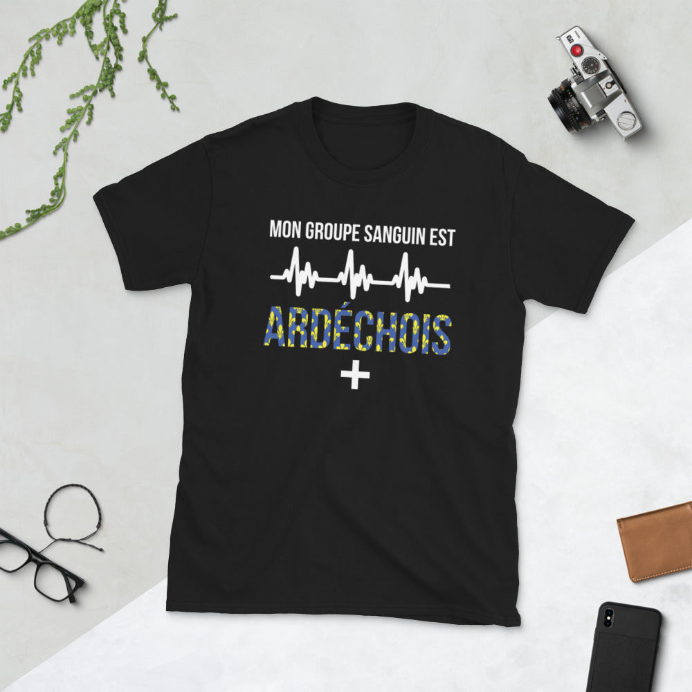 T-shirt Ardéchois bleu marine - Mon groupe sanguin est Ardéchois Plus +
