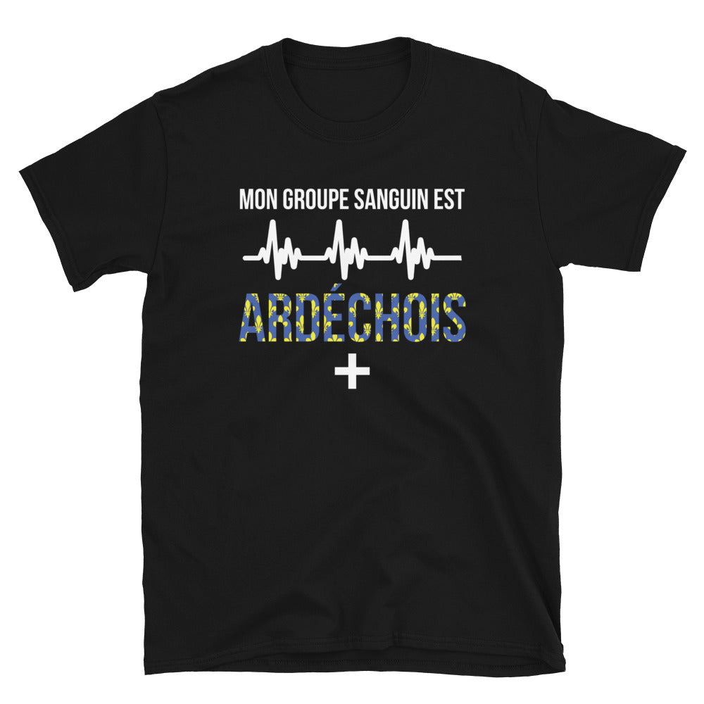 T-shirt Ardéchois noir - Mon groupe sanguin est Ardéchois Plus +