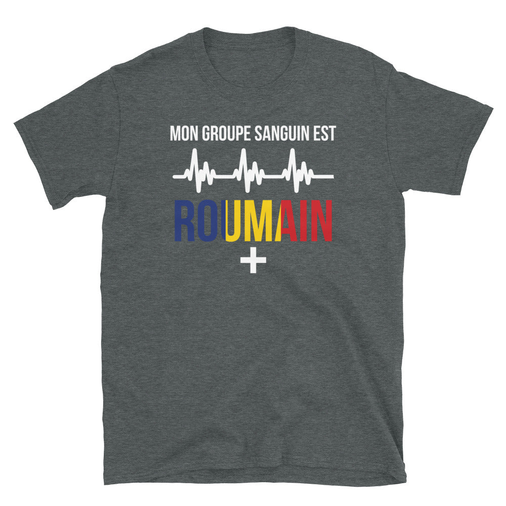 T-shirt Roumain gris foncé chiné dos - Groupe sanguin humoristique
