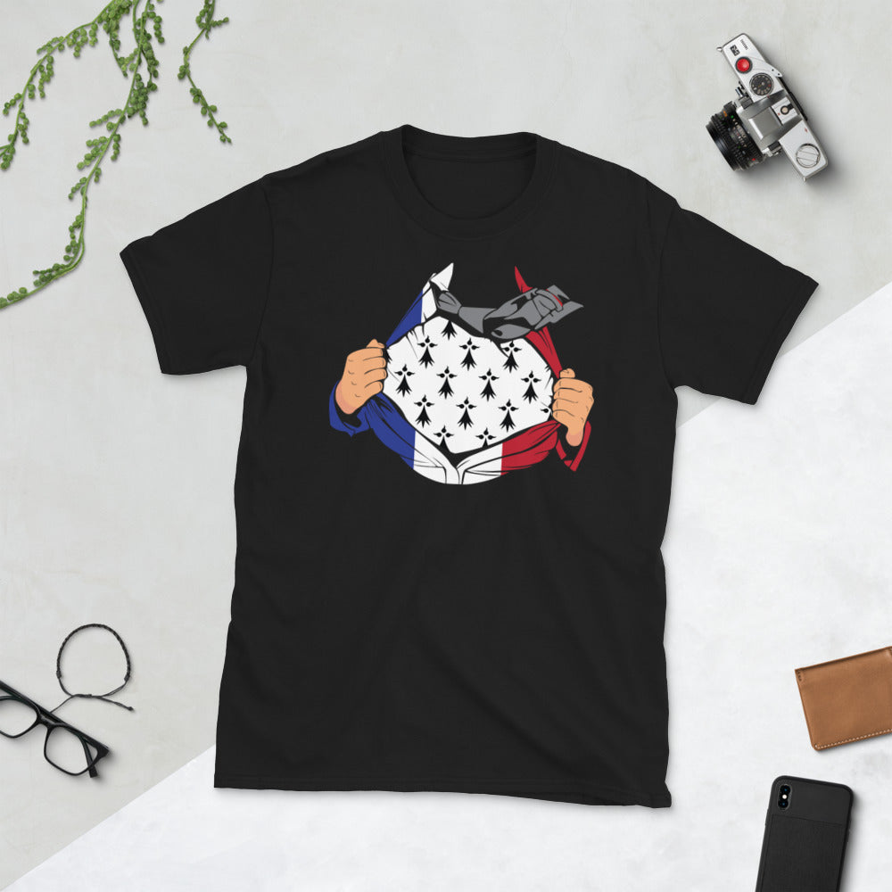 T-shirt Bretagne gris foncé chiné - Super héros breton avec humour