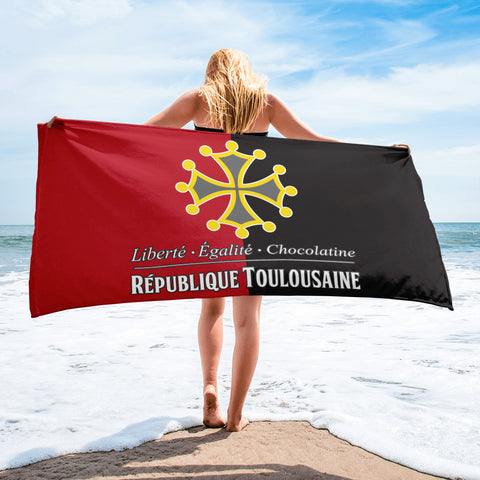 Serviette de bain République Toulousaine Rouge et Noir avec croix occitane : 150 cm x 75 cm - Ici & Là - T-shirts & Souvenirs de chez toi